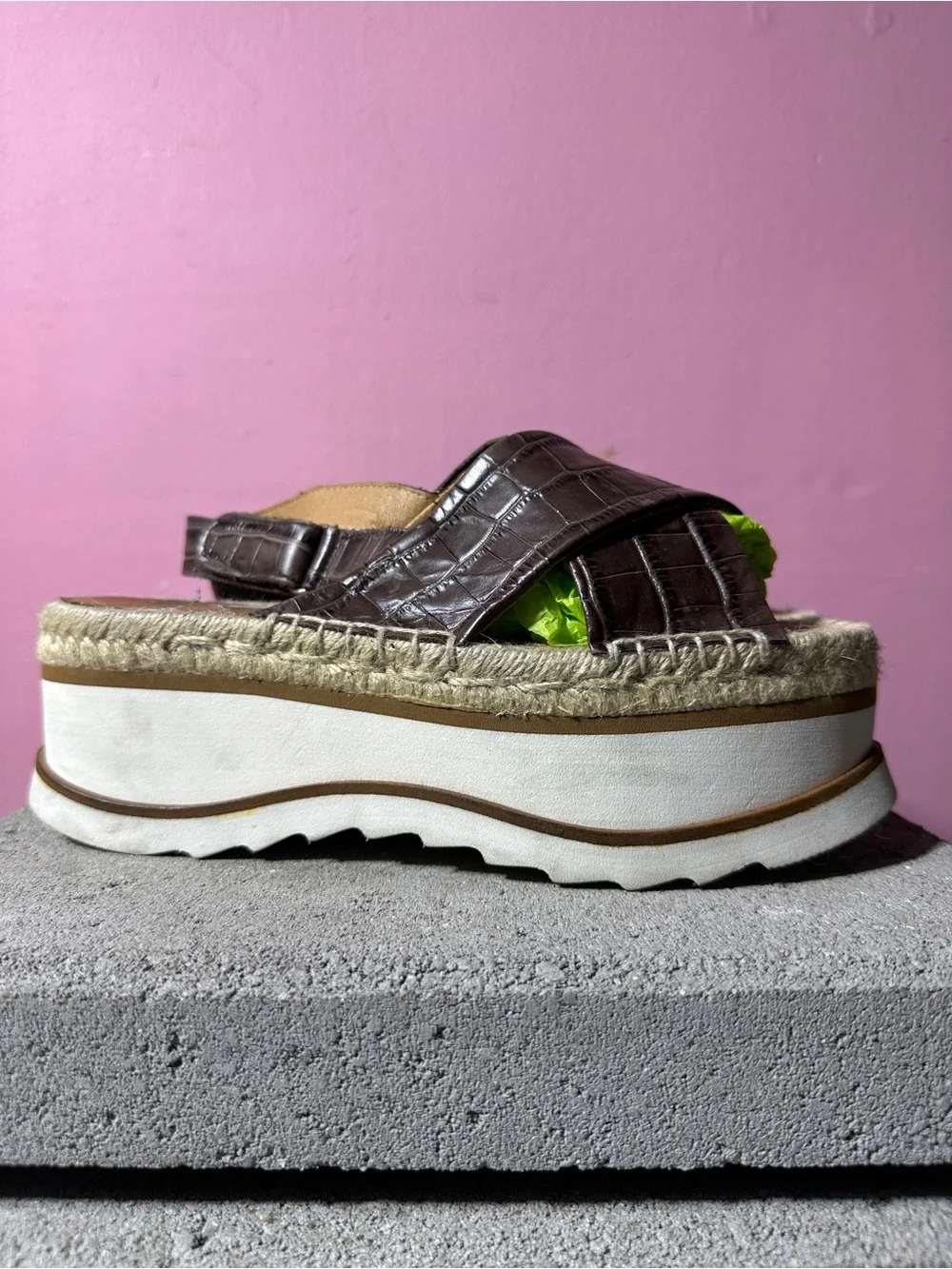 Jeffrey Campbell Brown Croc-Embossed Platform Espadrille Slides